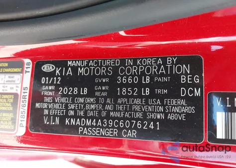 2012 Kia Rio Lx from USA, damaged, VIN KNADM4A39C6076241